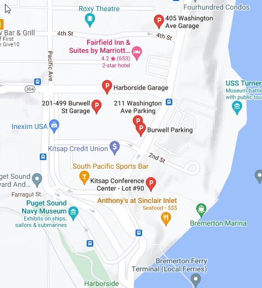 A map of parking lots and parking garages near the Bremerton Ferry terminal.